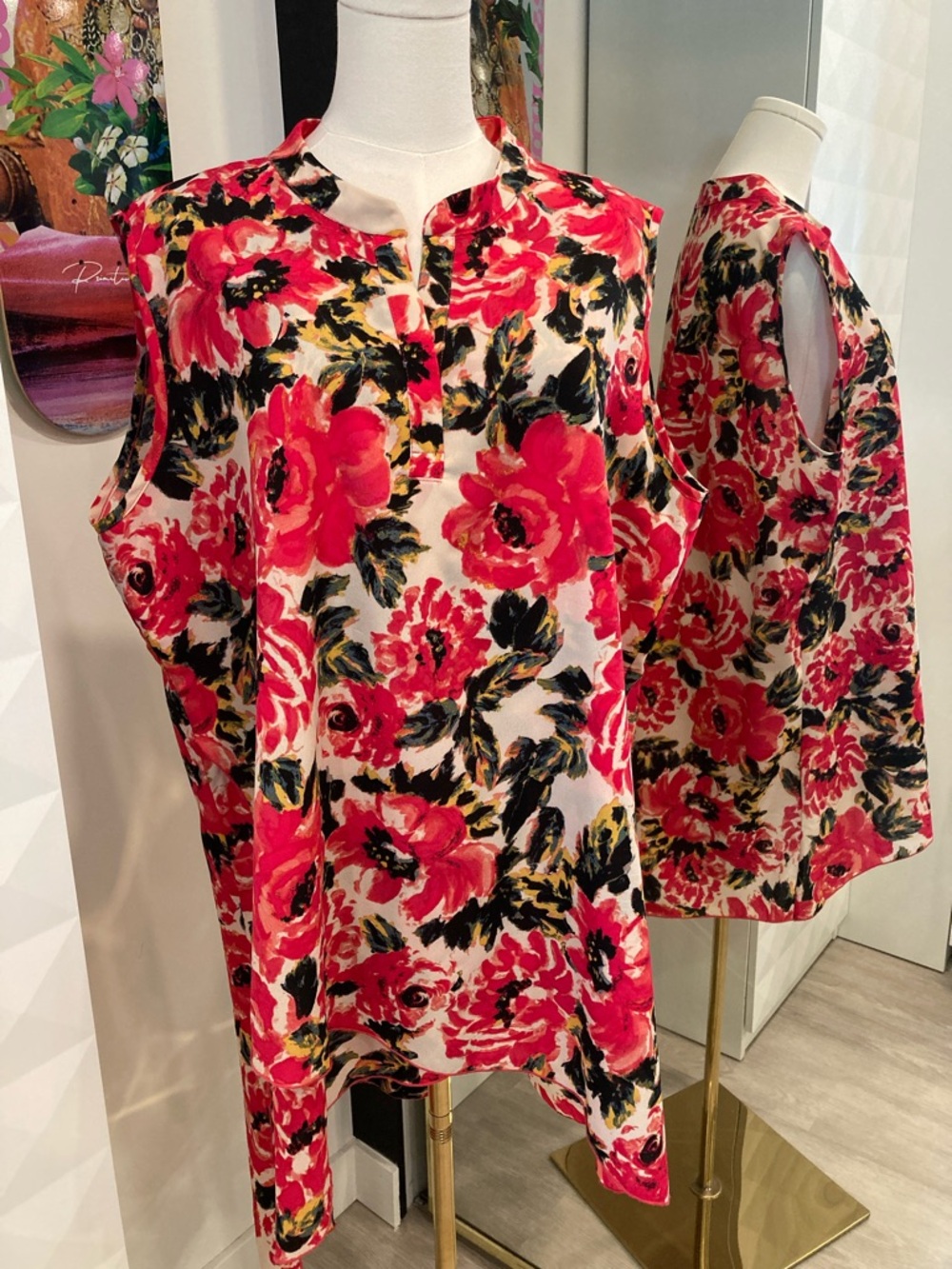 Vintage Sleeveless Floral Tunic Top - Pink, Black, Cream